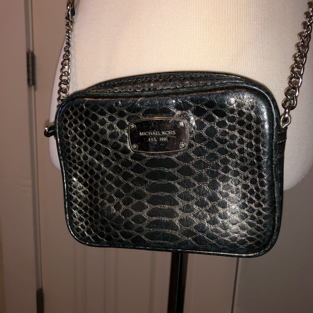 Michael Kors Black Faux Snakeskin Crossbody Bag with Silver Chain